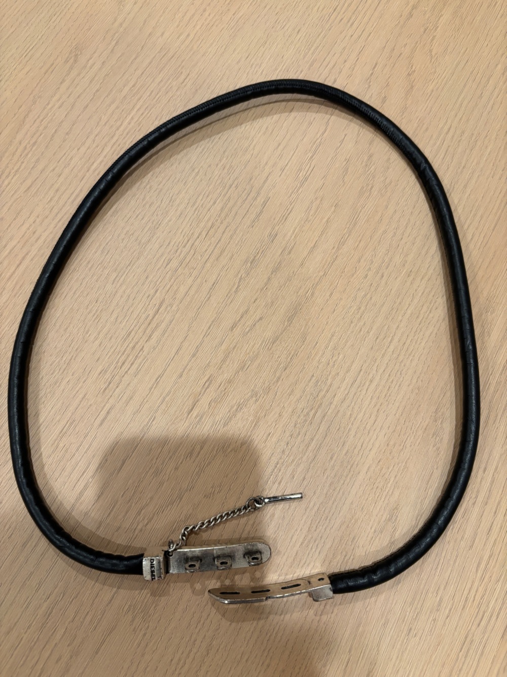 Diesel Black Leather Cord Belt with Silver Hardware and Chain Detail